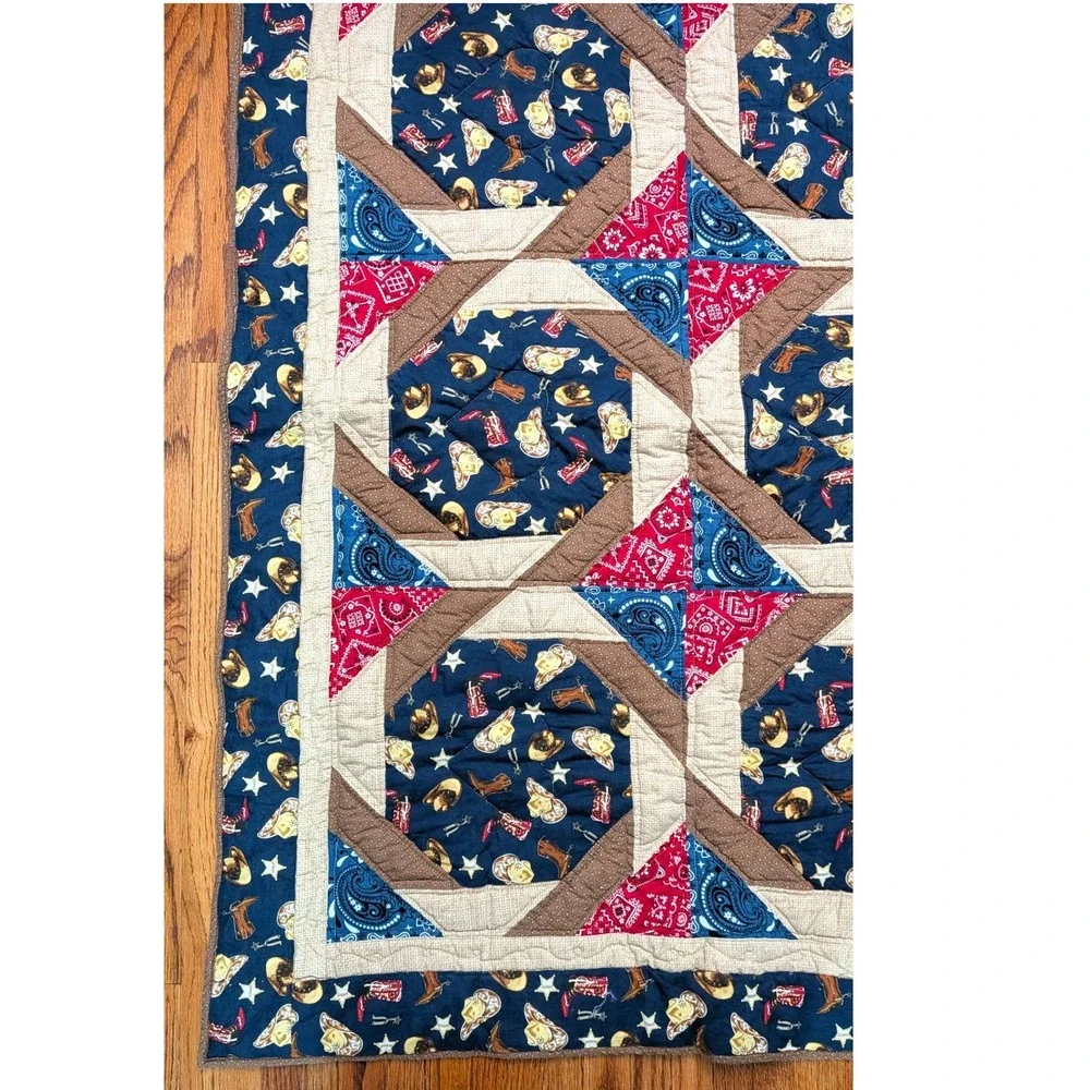 Handmade Western Cowboy Patchwork Quilt Navy Blue Red Bandana Nursery 36x47